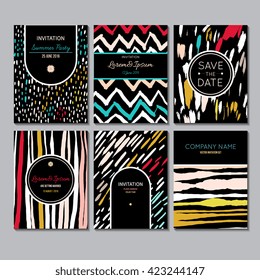Set of creative vector universal cards. Wedding, anniversary, birthday, party. Design for poster, card, invitation, brochure, flyer. Creative hand painted textures. Stripes, blobs, strokes.
