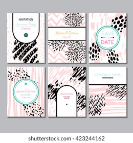 Set of creative vector universal cards. Wedding, anniversary, birthday, party. Design for poster, card, invitation, brochure, flyer. Creative hand painted textures. Stripes, blobs, strokes.
