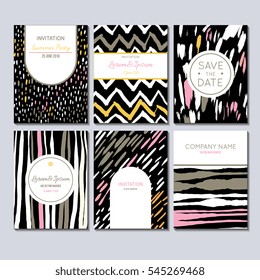 Set of creative vector universal cards. Wedding, anniversary, birthday, party. Design for poster, card, invitation, brochure, flyer. Creative hand painted textures. Stripes, blobs, strokes.

