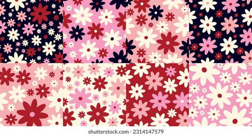 Set of Creative vibrant quirky expressive floral patterns in 60s in bright juicy colors. Trendy floral patterns