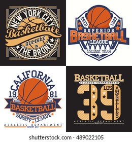 Set von kreativen T-Shirt-Designs aus Vintage, großformatigen Druckstempeln, Basketballtypografie-Emblemen, Sportlogos, Vektorgrafik