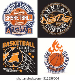 Set of Creative vintage t-shirt graphic designs,  grange print stamps, basketball typography emblems, sports logos, Vector