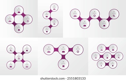Set of creative violet infographic templates with 4, 5 and 7 options, parts, steps or processes.