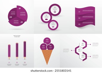 Set kreativer violetter Infografik-Vorlagen mit 3 Optionen, Teilen, Schritten oder Prozessen.