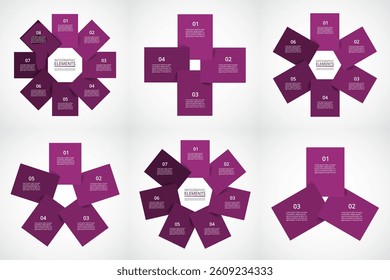 Set of creative violet infographic templates with 3, 4, 5, 6, 7 and 8 options, parts or processes.