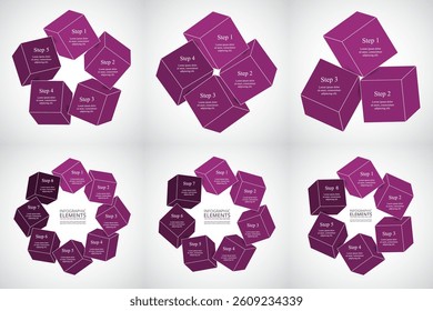 Set of creative violet infographic templates with 3, 4, 5, 6, 7 and 8 options, parts or processes.