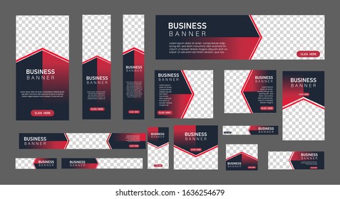 set of creative web banners in standard size with a place for photos. Vertical, horizontal and square template with Gradient black and red color . vector illustration EPS 10