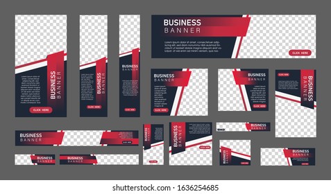 set of creative web banners in standard size with a place for photos. Vertical, horizontal and square template with Gradient black and red color . vector illustration EPS 10