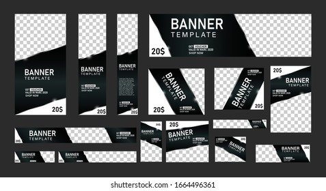 set of creative web banners of standard size with a place for photos. Business ad banner. Vertical, horizontal and square template. vector illustration EPS 10