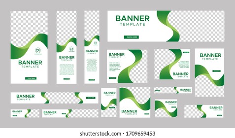set of creative web banners of standard size with a place for photos. Gradient Green concept. Vertical, horizontal and square template. Gradient Green concept.