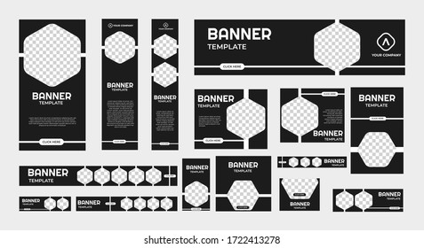 conjunto de banderas web creativas de tamaño estándar con un lugar para las fotos. Cartel comercial. Plantilla vertical, horizontal y cuadrada. ilustración vectorial EPS 10