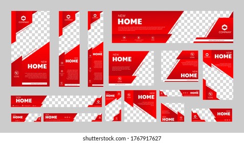 set of creative web banners of standard size with a place for photos. Real Estate ad banner. Vertical, horizontal and square template.	
