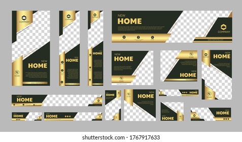 set of creative web banners of standard size with a place for photos. Real Estate ad banner. Vertical, horizontal and square template.	
