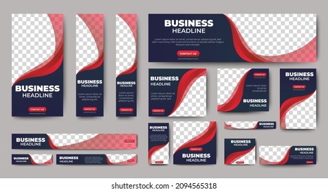 set of creative web banners of standard size with a place for photos. Gradient black and red. Business ad banner. Vertical, horizontal and square template.