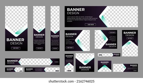 set of creative web banners of standard size with a place for photos. Gradient black. Business ad banner. Vertical, horizontal and square template