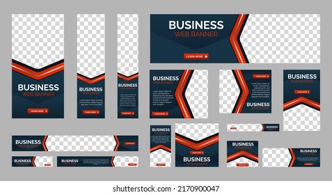 set of creative web banners of standard size with a place for photos. Gradient black. Business ad banner. Vertical, horizontal and square template.