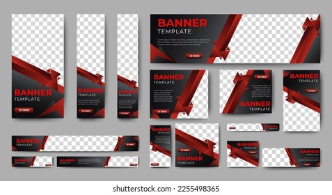 set of creative web banners of standard size with a place for photos. Gradient black. Business ad banner. Vertical, horizontal and square template.