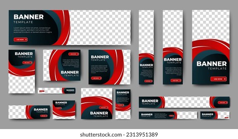 set of creative web banners of standard size with a place for photos. black and red. Business ad banner. Vertical, horizontal and square template.