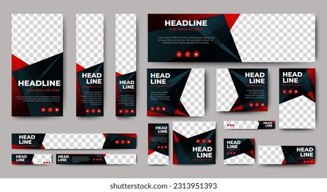 set of creative web banners of standard size with a place for photos. black and red. Business ad banner. Vertical, horizontal and square template.