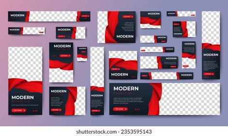 set of creative web banners of standard size with a place for photos. black and red. Business ad banner. Vertical, horizontal and square template.	