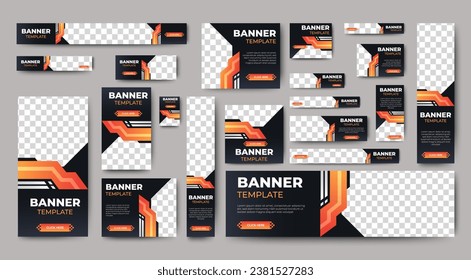 set of creative web banners of standard size with a place for photos. black and orange. Business ad banner. Vertical, horizontal and square template.