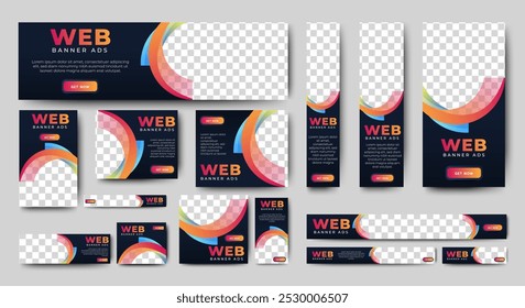 Conjunto de Anuncios de Web creativos de tamaño estándar con un lugar para Fotos. Vertical, Plantilla Horizontal y cuadrada. Vector