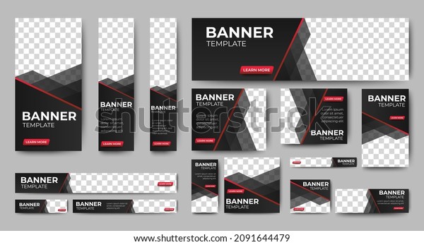 set of creative web banners of standard size\
with a place for photos. Gradient black. Business ad banner.\
Vertical, horizontal and square\
template.