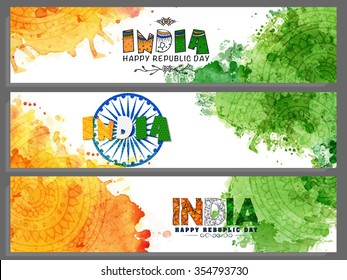 Set Of Creative Website Headers Or Banners With Saffron And Green Colours Splash For Happy Indian Republic Day Celebration.