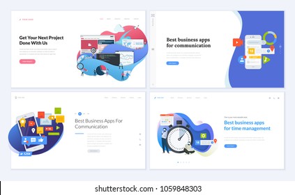 Set of creative website template designs. Vector illustration concepts for website and mobile website design and development, business apps, marketing, social media apps, time and project management.