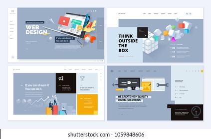 Set of creative website template designs. Vector illustration concepts for website and mobile website design and development, SEO, business, digital marketing, social media apps. Easy to edit.