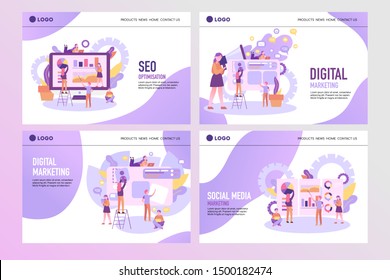 Set of creative website template designs. People team work together. Concept for website and mobile website design and development, business apps, marketing, social media apps.