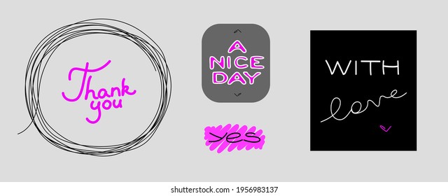 A set of creative wedding inscriptions or inscriptions written in a decorative calligraphic font. A bunch of phrases, words, ampersands, decorated with cute romantic elements. Hand-drawn vector illust