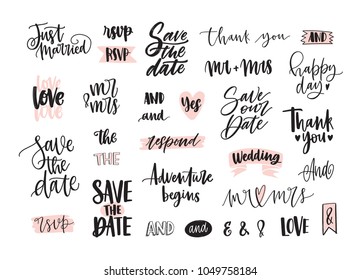 Set of creative wedding lettering or inscriptions written with decorative calligraphic font. Bundle of phrases, words, ampersands decorated with cute romantic elements. Hand drawn vector illustration