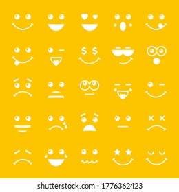Set of creative white emojis. Happy Holidays abstract square background. Isolated graphic design template. Smile icons collection. Vector signs. Cute funny yellow symbols. 