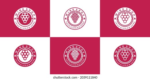 Set of creative wine shop logo design collection with circular emblem line art style Premium Vector