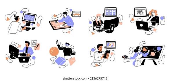 Set Of Creative Workers At Computer And Laptop. Men And Women Create User Interface, Logo Or Animation. Art Director Or Graphic Designer. Cartoon Flat Vector Collection Isolated On White Background