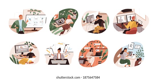 Set of creative workers working at computers and laptops. UI and motion designer, art director, game developer, illustrator, video editor. Color flat vector illustration isolated on white background