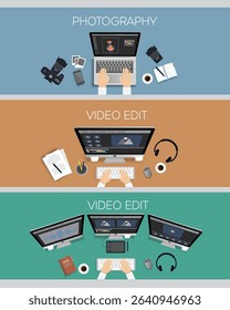 Set of creative workspace illustrations for photography and video editing, showing a top view of a designer's desk with computer and equipment.