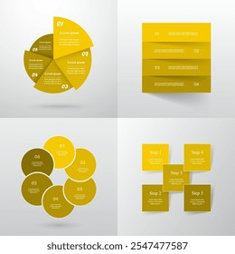 Set of creative yellow infographic templates with 4, 5 and 6 options, parts or steps.