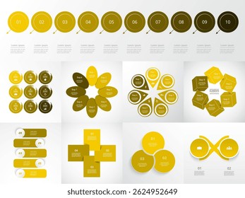 Set of creative yellow infographic templates with 2, 3, 4, 5, 6, 7, 8, 9 and 10 options, parts or processes.