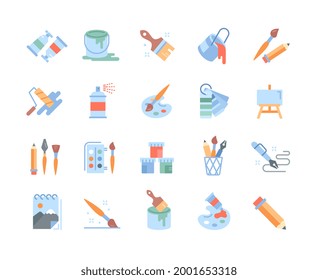 Set of creativity, art, drawing icons with paints, swatches, paint bucket, spray, aerosol, paintbrushes, and color palettes, collection of colored minimal style vector illustrations