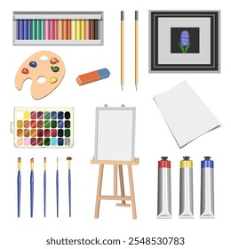 A set for creativity brushes,pencils,eraser,sketchbook,oil paints,watercolor,pastel,painting,isolated paper on a white background.A vector collection of art supplies for creative designs.