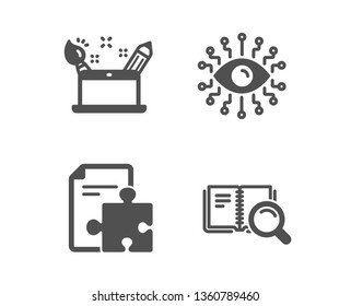 Set of Creativity concept, Artificial intelligence and Strategy icons. Search book sign. Graphic art, All-seeing eye, Puzzle. Online education.  Classic design creativity concept icon. Flat design