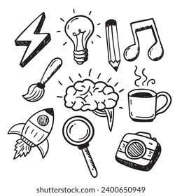 Set of creativity doodle with black and white style. Hand-drawn creativity elements on white background