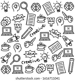 Set of creativity doodle element such as brain, lamp, computer, rocket and more suitable for background too 