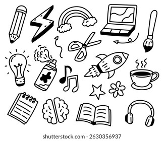 Set of creativity doodle illustration on a white background. Creativity doodle elements.