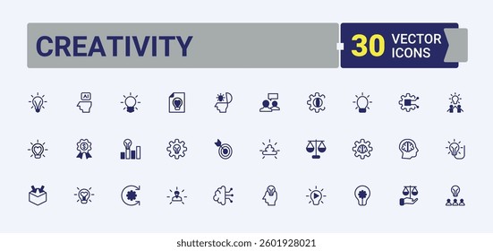 Set of Creativity line icon. Contain linear sign tech, startup, invention, ai, brain and more. Innovation icon set. Minimalist icons pack. Solid line editable stroke. Vector collection.