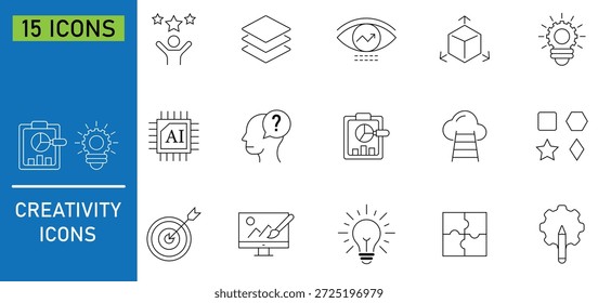 Conjunto de iconos de línea de creatividad. La Variedad de íconos representa diferentes aspectos de la manufactura industrial. Contiene idea, bombilla, cerebro, reuniones, negocios, creativo, solución y más. Ilustración vectorial.