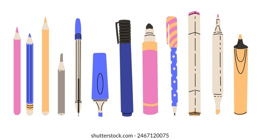 Set for creativity: a wide selection of pens, pencils and markers in various colors. Ideal for studying, drawing and taking notes. Stylish design for creative projects and daily tasks. Vector