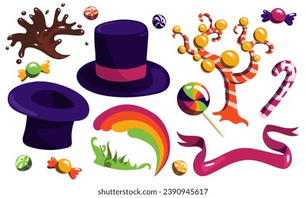 A set from the creator of sweets. Hat, candy, rainbow, grass, chocolate fountain, caramel trees, striped candy on a white background. A collection of parts from a fantastic chocolate factory